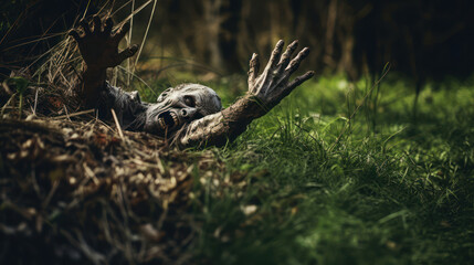 Scary zombie hand on the ground. Halloween decorations 