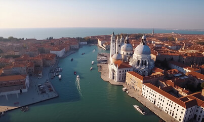 Fototapeta na wymiar Panoramic aerial view of Venice in Italy with a canal and beautiful historical architecture. Travel photography. 
