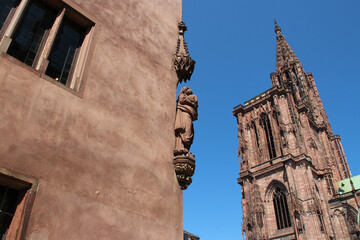 renaissance hall (musée de l'oeuvre notre-dame) and notre-dame cathedral in strasbourg in alsace (france) - obrazy, fototapety, plakaty