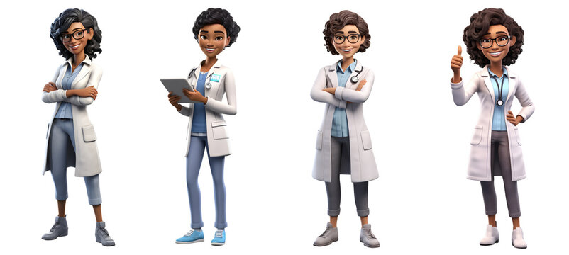Set of 3D cartoon character smiling doctor young women standing holding tablet computer, arms crossed, full body isolated on white and transparent background, ai generate