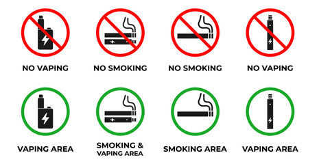 No Smoking No Vaping Combined Sign, Allowed Smoking Allowed Vaping, Printable Stickers, Vector, Isolated on White Background, High-Resolution Design, Ideal for Public Spaces and Health Awareness