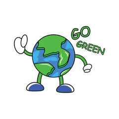 Go green concept with walking comic vintage Earth planet character isolated on white background. Eco activism or Earth Day concept for sticker or poster or flyer design. Vector illustration