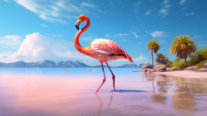 Pink flamingo coast landscape  birds