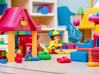 Imaginative Indoor Play Area A close-up shot of a child's imaginative play with toys, dolls, building blocks in an indoor play area by ai generated 