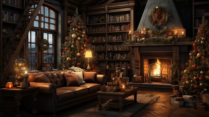 Fototapeta premium Merry Christmas happy holidays beautiful living room decorated Christmas living room, inside Magic glowing tree, gifts in the darknight, fireplaces and gifts, Modern interior living room Christmas