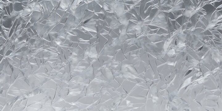 Seamless frozen cracked ice block background texture transparent overlay. Icy winter or cool summer refreshment backdrop. Silver shiny crumpled foil displacement, bump or height map 3D, Generative AI