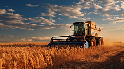Obraz premium Tractor harvests millet in the field