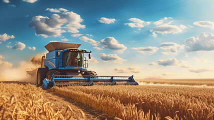 Fototapeta premium Tractor harvests millet in the field