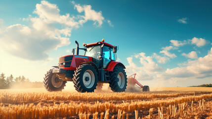 Obraz premium Tractor harvests millet in the field