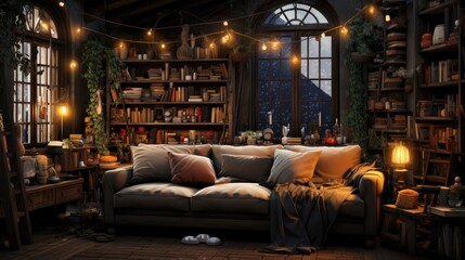 Merry Christmas happy holidays beautiful living room decorated Christmas living room, inside Magic glowing tree, gifts in the darknight, fireplaces and gifts, Modern interior living room Christmas