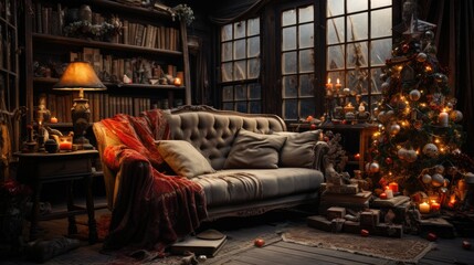 Merry Christmas happy holidays beautiful living room decorated Christmas living room, inside Magic glowing tree, gifts in the darknight, fireplaces and gifts, Modern interior living room Christmas