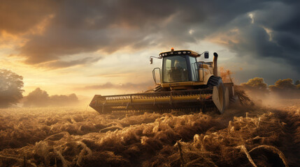 Tractor harvests millet in the field - obrazy, fototapety, plakaty