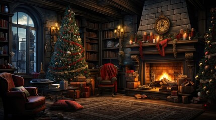 Fototapeta na wymiar Merry Christmas happy holidays beautiful living room decorated Christmas living room, inside Magic glowing tree, gifts in the darknight, fireplaces and gifts, Modern interior living room Christmas