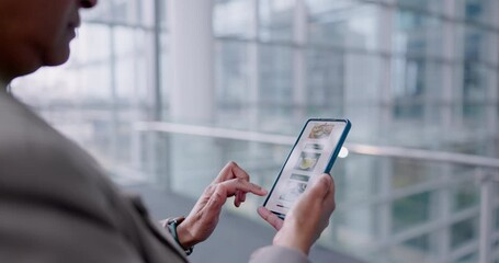 Hands, phone and online shopping for food in office with scroll, screen and choice for nutrition at lunch. Business woman, smartphone and mobile app ux for restaurant, digital menu and click for diet