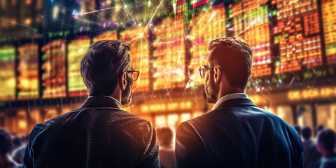 Fototapeta premium Stock traders from behind looking at financial graph on big screen. Equity or share trading concept. Generative AI