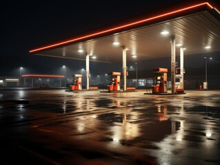 Gas station at night, close-up of a gas station with no one at night, design drawing of a gas...
