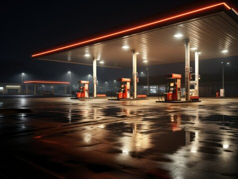 Gas station at night, close-up of a gas station with no one at night, design drawing of a gas station,