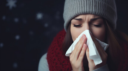 Young woman with the flu, blowing her nose using a tissue, managing symptoms and seeking relief from discomfort during cold or allergy autumn or winter  season