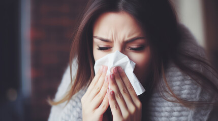 Young woman with the flu, blowing her nose using a tissue, managing symptoms and seeking relief from discomfort during cold or allergy autumn or winter  season