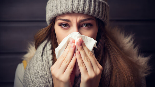Young woman with the flu, blowing her nose using a tissue, managing symptoms and seeking relief from discomfort during cold or allergy autumn or winter  season