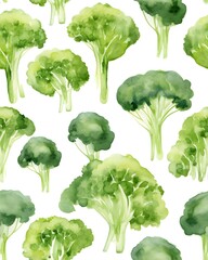 Green Broccoli tileable watercolor hand drawn seamless pattern created with Generative AI technology