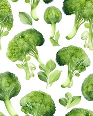 Green Broccoli tileable watercolor hand drawn seamless pattern created with Generative AI technology
