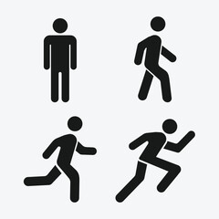 Vector illustration of man stands, walk and run icon set. People vector symbol. Person standing, walking and running illustration. Run, walk, stand. Vector illustration