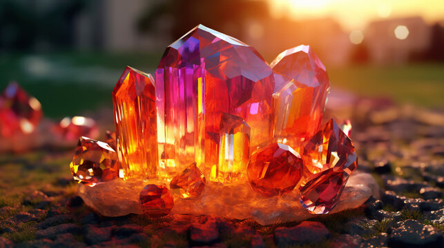 Amazing bright and shiny Sunset Fire Opal crystal cluster background. Jewel mineral detailed macro. Generative AI