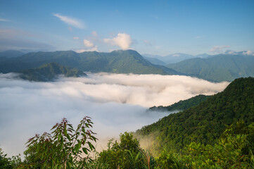 The dynamic sea of clouds is majestic and magnificent. Close up. Awe-Inspiring Views of the White Cloud Sea on the Mountaintop. Taiwan