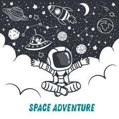 Cute cartoon astronaut sitting on white background. Illustration of the moon and stars, ufo and planets. Space elements for your design. 