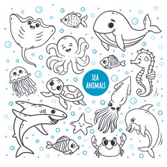 Set with Sea animals. Hand drawn sea life elements. Marine life objects for your design. Doodle style .