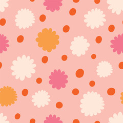 Seamless abstract pattern with simple flowers and dots. Seamless vector  texture with abstract flowers. Playful background - 628451522