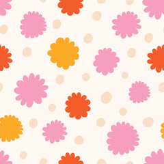 Seamless abstract pattern with simple flowers and dots. Seamless vector  texture with abstract flowers. Playful background - 628451528