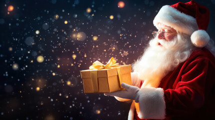 Santa Claus holds a gift in gold paper on a dark blue background
