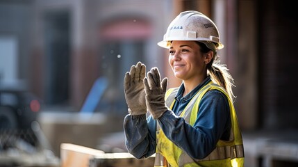 portrait of a female construction worker in hard hat - Powered by Adobe