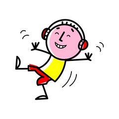 Color vector illustration of a man who dances to music from headphones