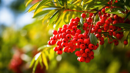 Vivid image of rowan plant thriving in nature, bright outdoor setting, lush foliage, hint of red berries,