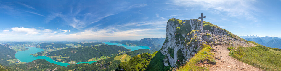 landscape with top of Mount Schafberg with cross and mountains and Lake Mondsee and Attersee, Alps,...