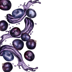 Board of acai berries and juice splash watercolor illustration isolated on white. Exotic amazon small purple berries, tropical fruit hand drawn. Design element for packaging, label, kitchen utensil
