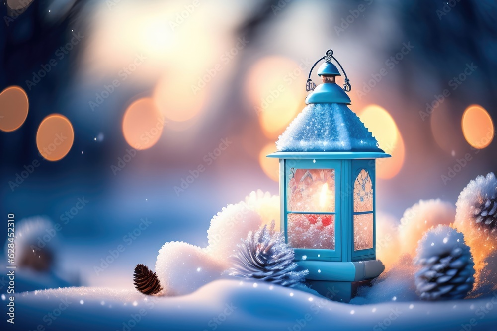 Poster christmas decoration with a lantern in the snow in a winter park with beautiful bokeh. ai generated.