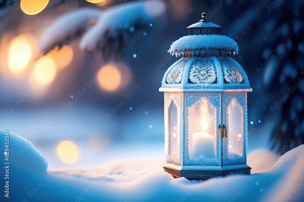 Poster christmas decoration with a lantern in the snow in a winter park with beautiful bokeh. ai generated.