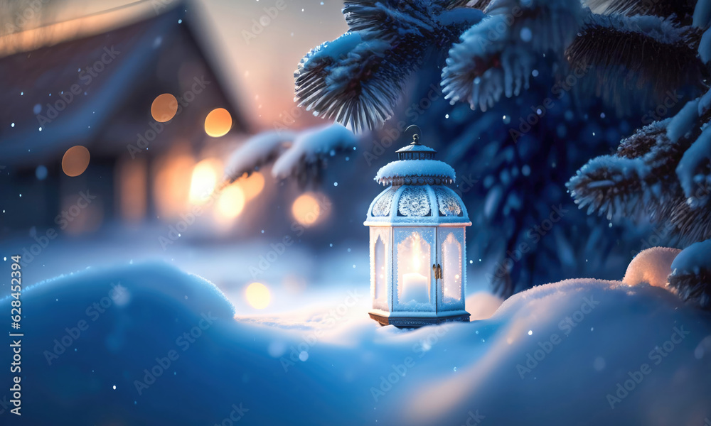Poster christmas decoration with a lantern in the snow in a winter park with beautiful bokeh. ai generated.
