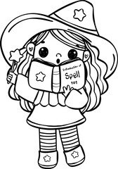Cute whimsical Halloween Witch reading book Learning Spell Doodle Cartoon hand drawing outline