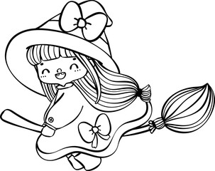 Obraz premium Cute whimsical Halloween Witch on flying broom Doodle in Cartoon hand drawing outline Fantasy Style