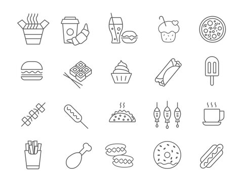 Street food icons. Fast food. A set of icons in a linear style. Vector image.