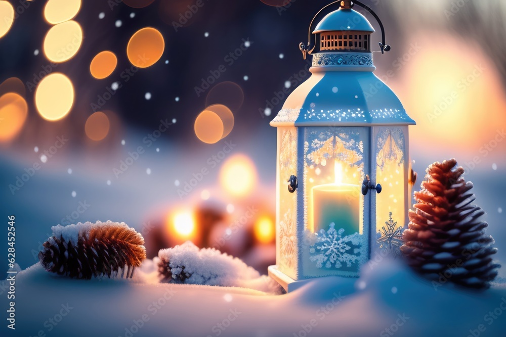 Poster christmas decoration with a lantern in the snow in a winter park with beautiful bokeh. ai generated.