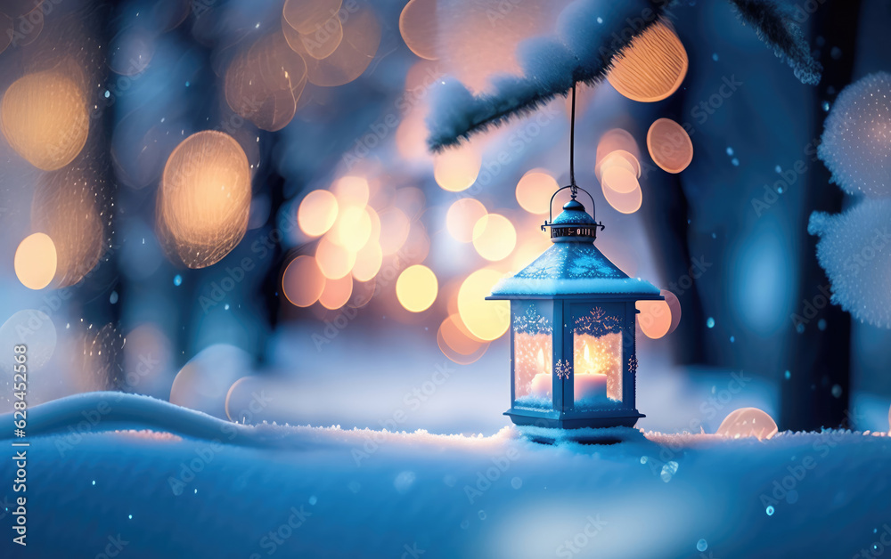 Poster christmas decoration with a lantern in the snow in a winter park with beautiful bokeh. ai generated.
