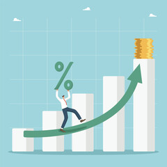 Investment and financial growth, increase in the interest rate on deposit, improvement in the economy and GDP growth, increase in wages and savings, man carries percent on the arrow of growing graph. - obrazy, fototapety, plakaty