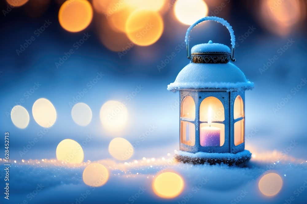 Poster christmas decoration with a lantern in the snow in a winter park with beautiful bokeh. ai generated.