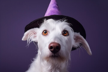 White dog with Halloween witch hat on purple background